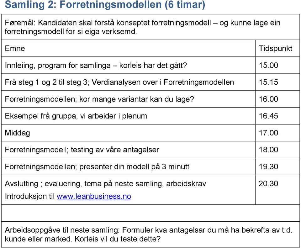 16.00 Eksempel frå gruppa, vi arbeider i plenum 16.45 Middag 17.00 Forretningsmodell; testing av våre antagelser 18.00 Forretningsmodellen; presenter din modell på 3 minutt 19.