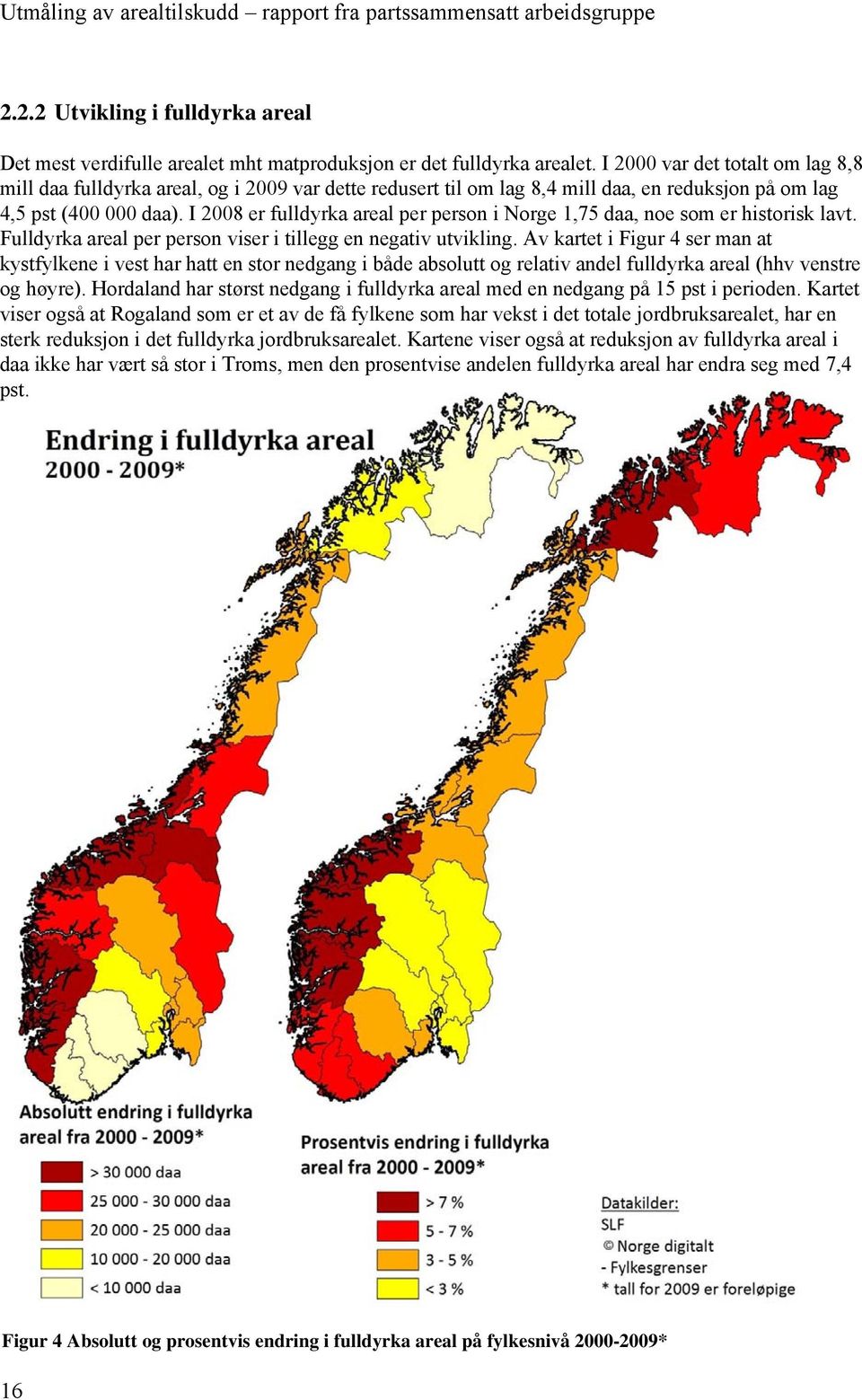 I 2008 er fulldyrka areal per person i Norge 1,75 daa, noe som er historisk lavt. Fulldyrka areal per person viser i tillegg en negativ utvikling.