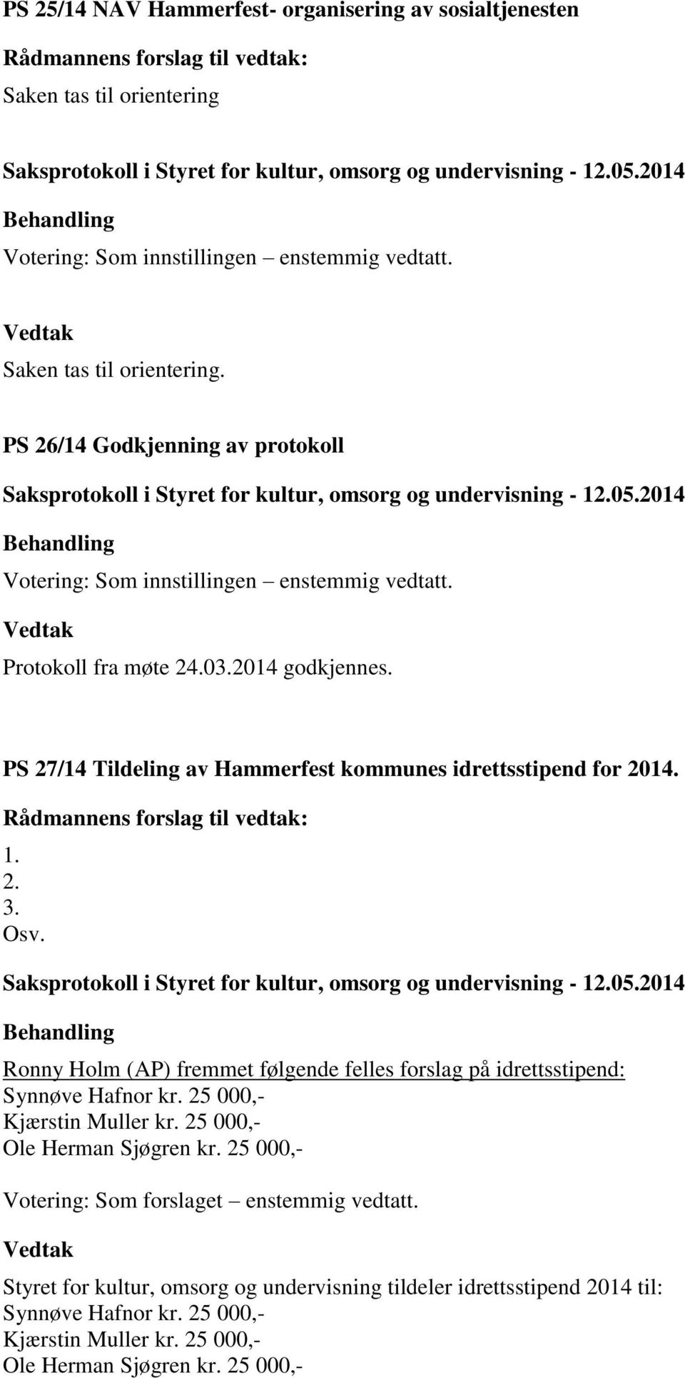 Ronny Holm (AP) fremmet følgende felles forslag på idrettsstipend: Synnøve Hafnor kr. 25 000,- Kjærstin Muller kr. 25 000,- Ole Herman Sjøgren kr.