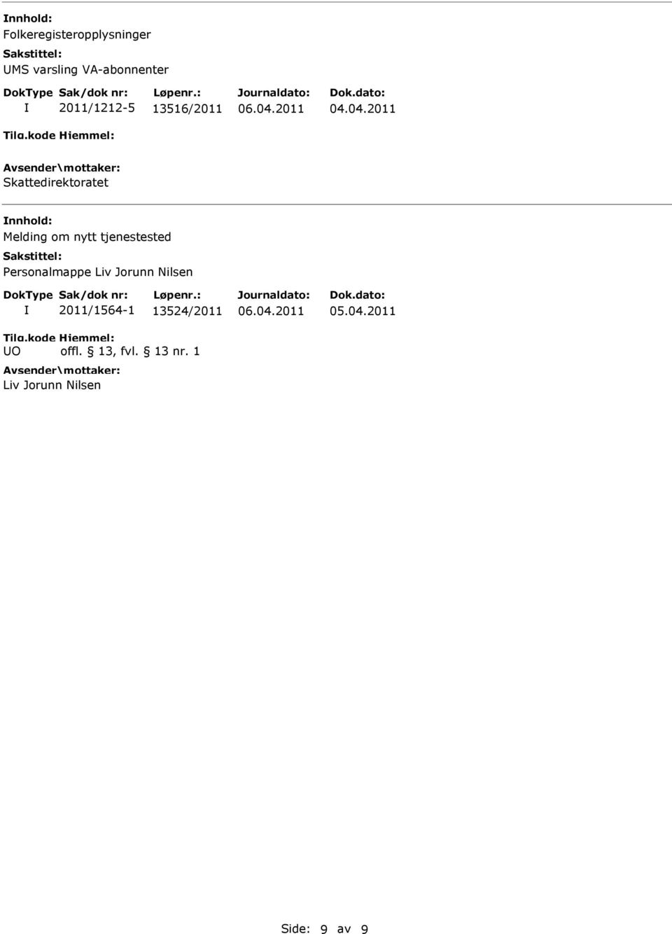 nytt tjenestested Personalmappe Liv Jorunn Nilsen O