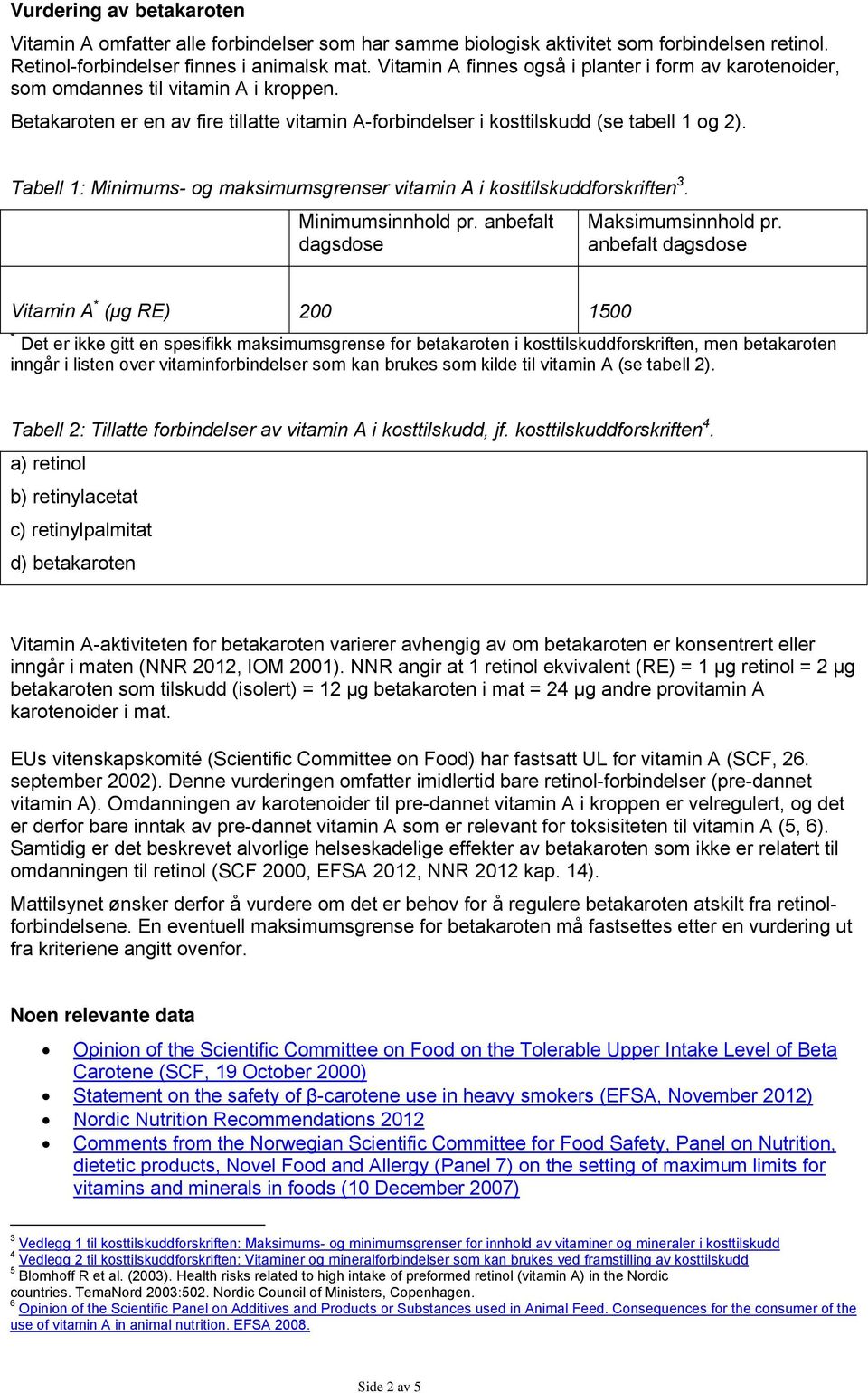 Tabell 1: Minimums- og maksimumsgrenser vitamin A i kosttilskuddforskriften 3. Minimumsinnhold pr. anbefalt dagsdose Maksimumsinnhold pr.