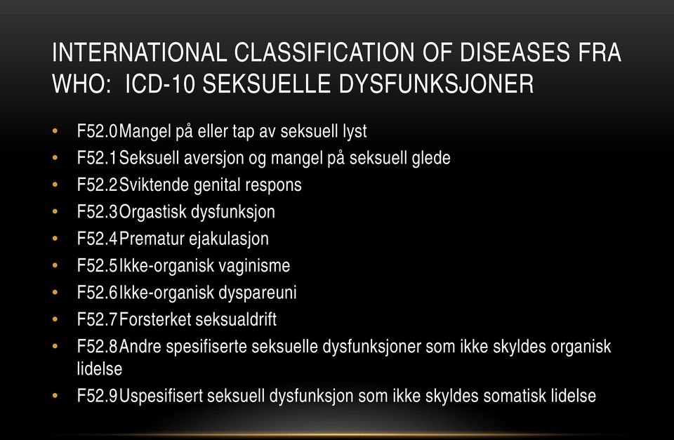 4 Prematur ejakulasjon F52.5 Ikke-organisk vaginisme F52.6 Ikke-organisk dyspareuni F52.7 Forsterket seksualdrift F52.