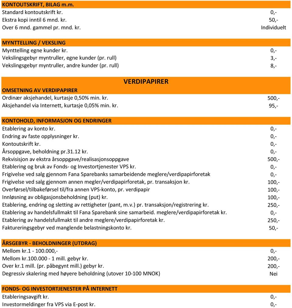 rull) 8,- 50 95,- KONTOHOLD, INFORMASJON OG ENDRINGER Etablering av konto kr. Endring av faste opplysninger kr. Kontoutskrift kr. Årsoppgave, beholdning pr.31.12 kr.