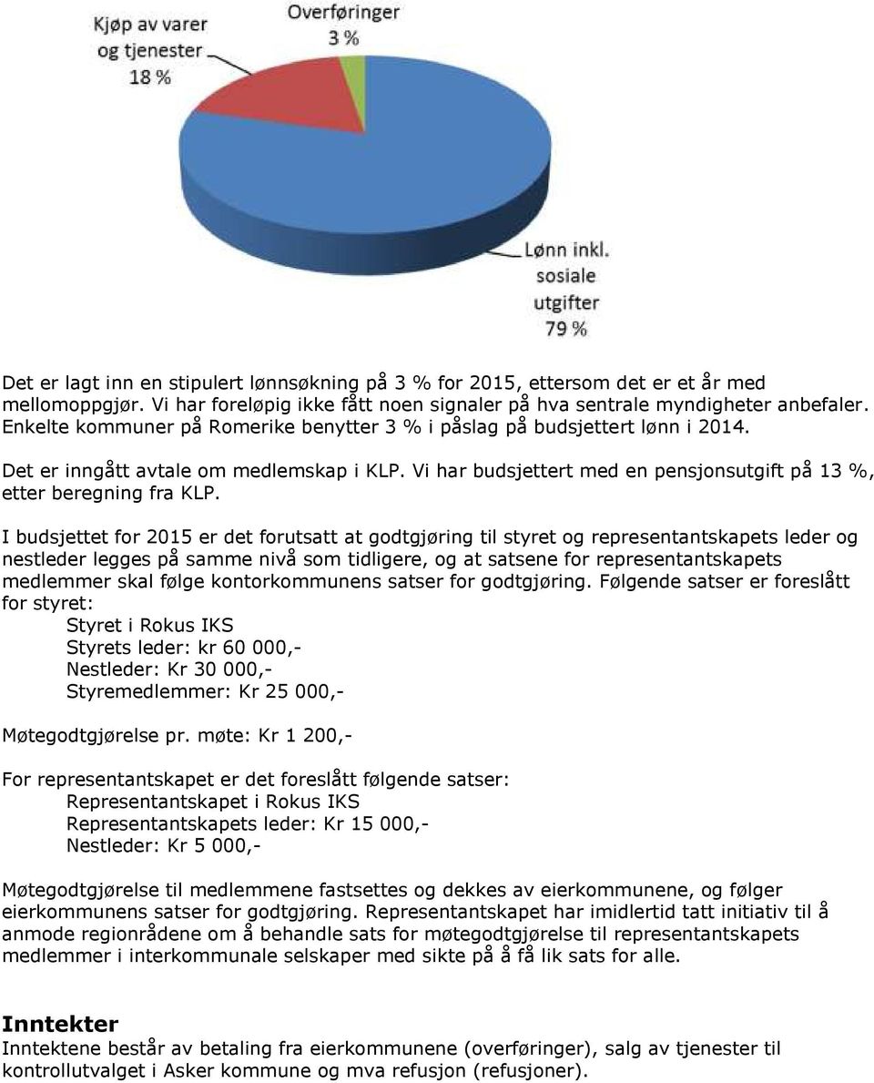 I budsjettet for 2015 er det forutsatt at godtgjøring til styret og representantskapets leder og nestleder legges på samme nivå som tidligere, og at satsene for representantskapets medlemmer skal