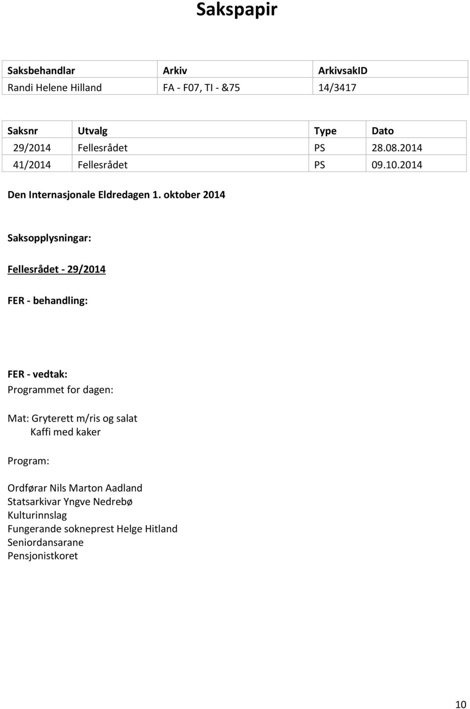 oktober 2014 Fellesrådet - 29/2014 Programmet for dagen: Mat: Gryterett m/ris og salat Kaffi med