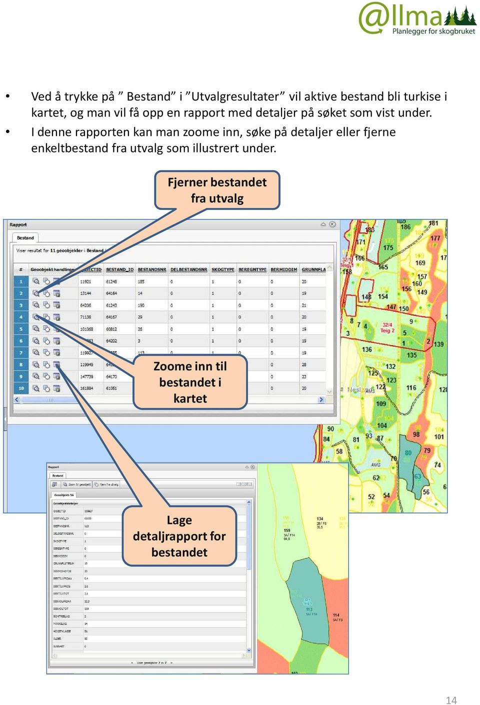 I denne rapporten kan man zoome inn, søke på detaljer eller fjerne enkeltbestand fra