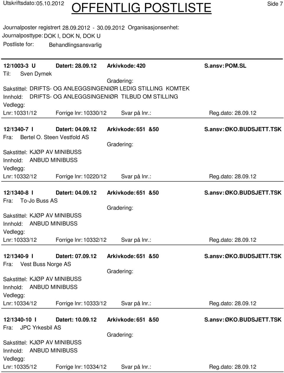 09.12 12/1340-7 I Datert: 04.09.12 Arkivkode: 651 &50 Fra: Bertel O. Steen Vestfold AS Lnr: 10332/12 Forrige lnr: 10220/12 Svar på lnr.: Reg.dato: 28.09.12 12/1340-8 I Datert: 04.09.12 Arkivkode: 651 &50 Fra: To-Jo Buss AS Lnr: 10333/12 Forrige lnr: 10332/12 Svar på lnr.
