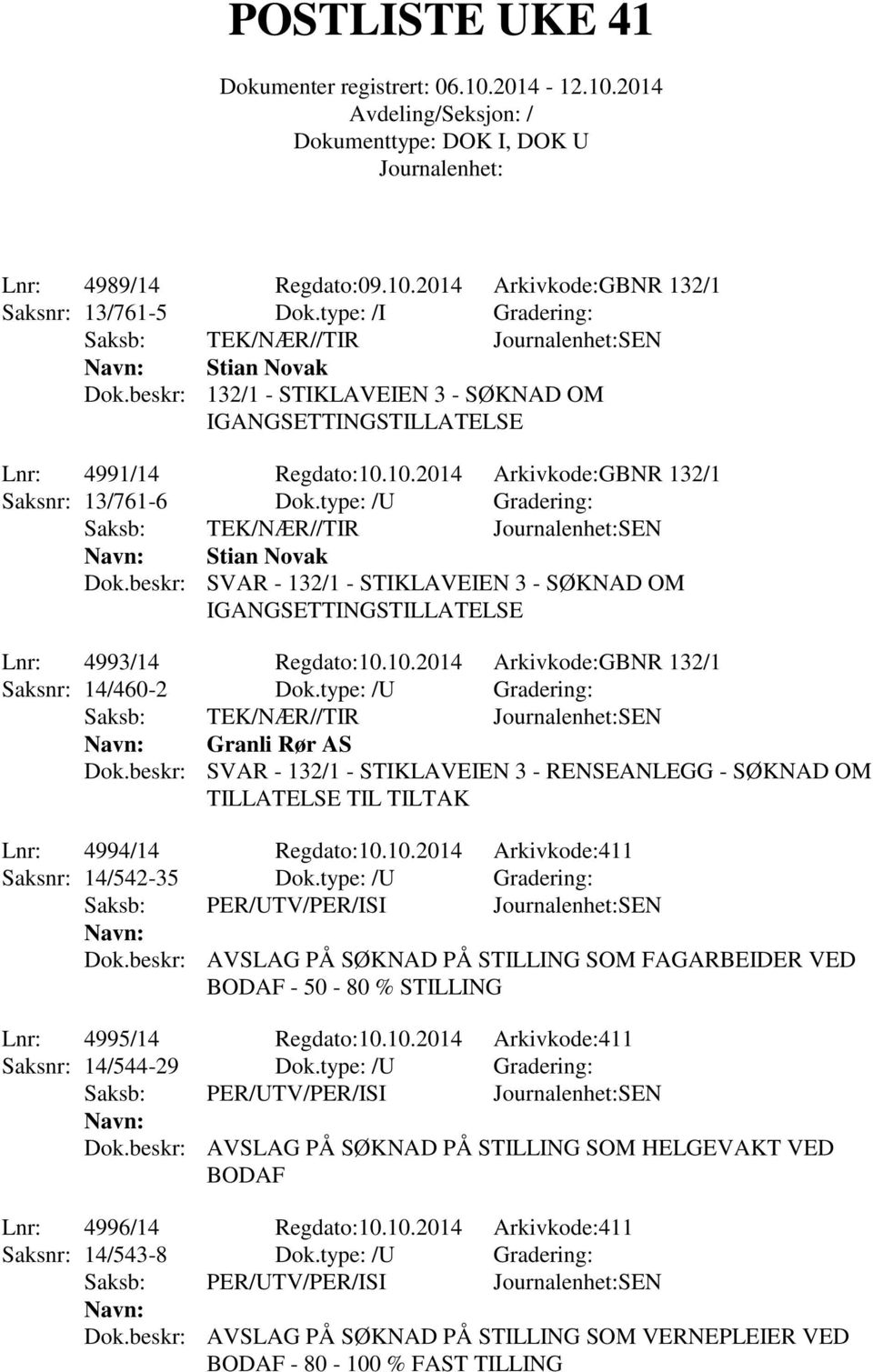 type: /U Gradering: Granli Rør AS Dok.beskr: SVAR - 132/1 - STIKLAVEIEN 3 - RENSEANLEGG - SØKNAD OM TILLATELSE TIL TILTAK Lnr: 4994/14 Regdato:10.10.2014 Arkivkode:411 Saksnr: 14/542-35 Dok.