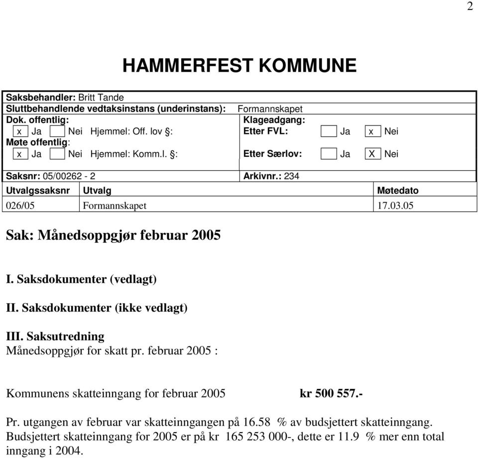 05 Sak: Månedsoppgjør februar 2005 I. Saksdokumenter (vedlagt) II. Saksdokumenter (ikke vedlagt) III. Saksutredning Månedsoppgjør for skatt pr.