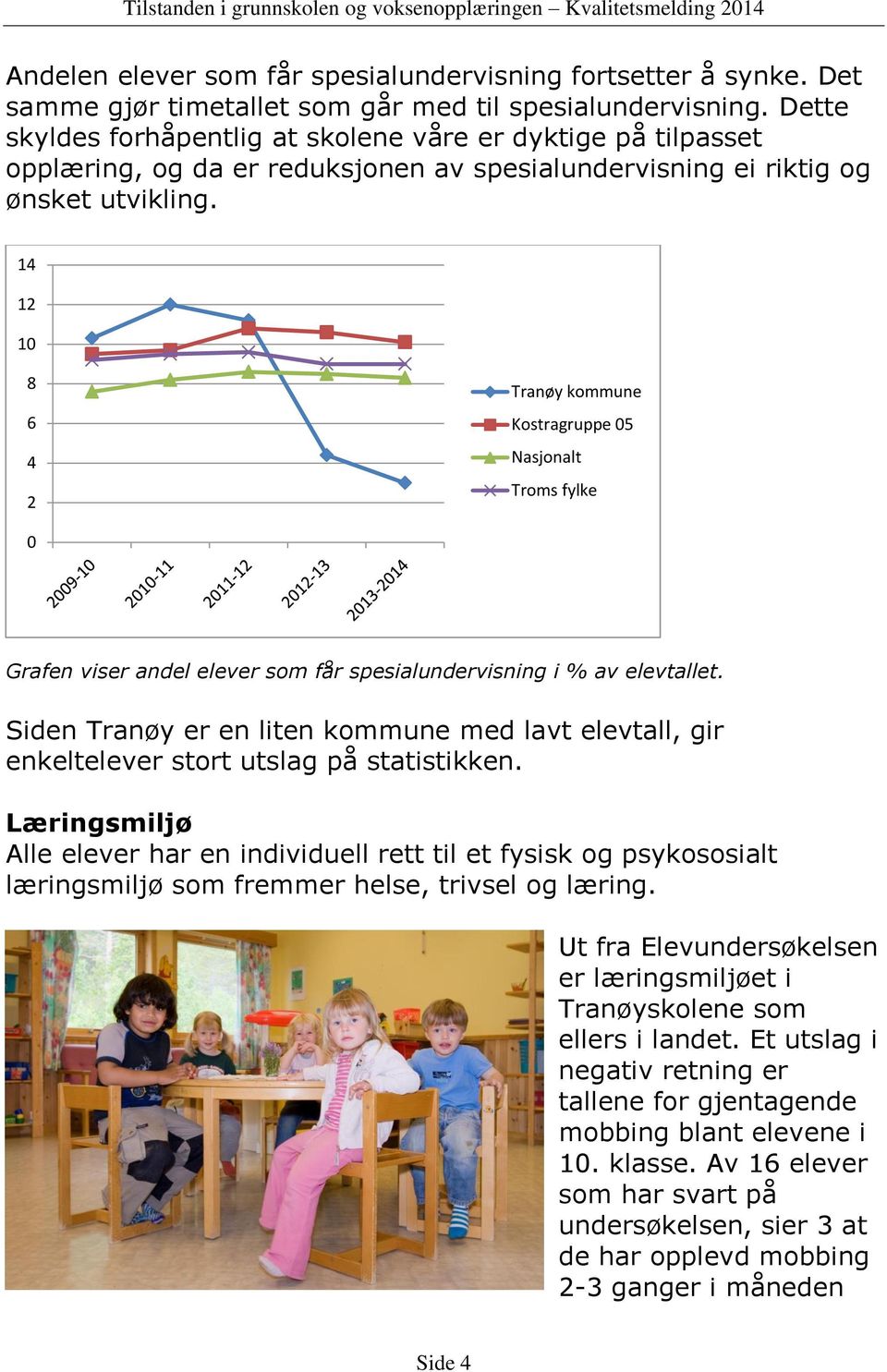 14 12 10 8 6 4 2 Tranøy kommune Kostragruppe 05 Nasjonalt Troms fylke 0 Grafen viser andel elever som får spesialundervisning i % av elevtallet.