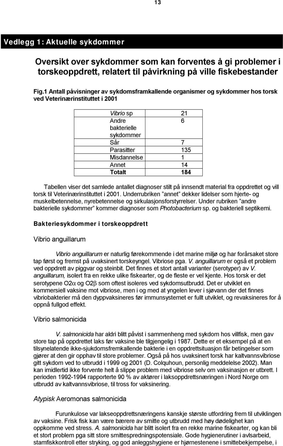 Totalt 184 Tabellen viser det samlede antallet diagnoser stilt på innsendt material fra oppdrettet og vill torsk til Veterinærinstituttet i 2001.