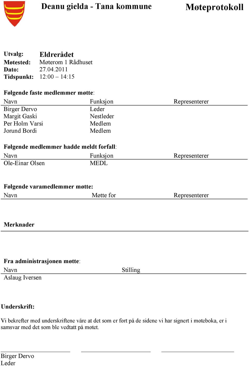 Medlem Følgende medlemmer hadde meldt forfall: Navn Funksjon Representerer Ole-Einar Olsen MEDL Følgende varamedlemmer møtte: Navn Møtte for Representerer Merknader