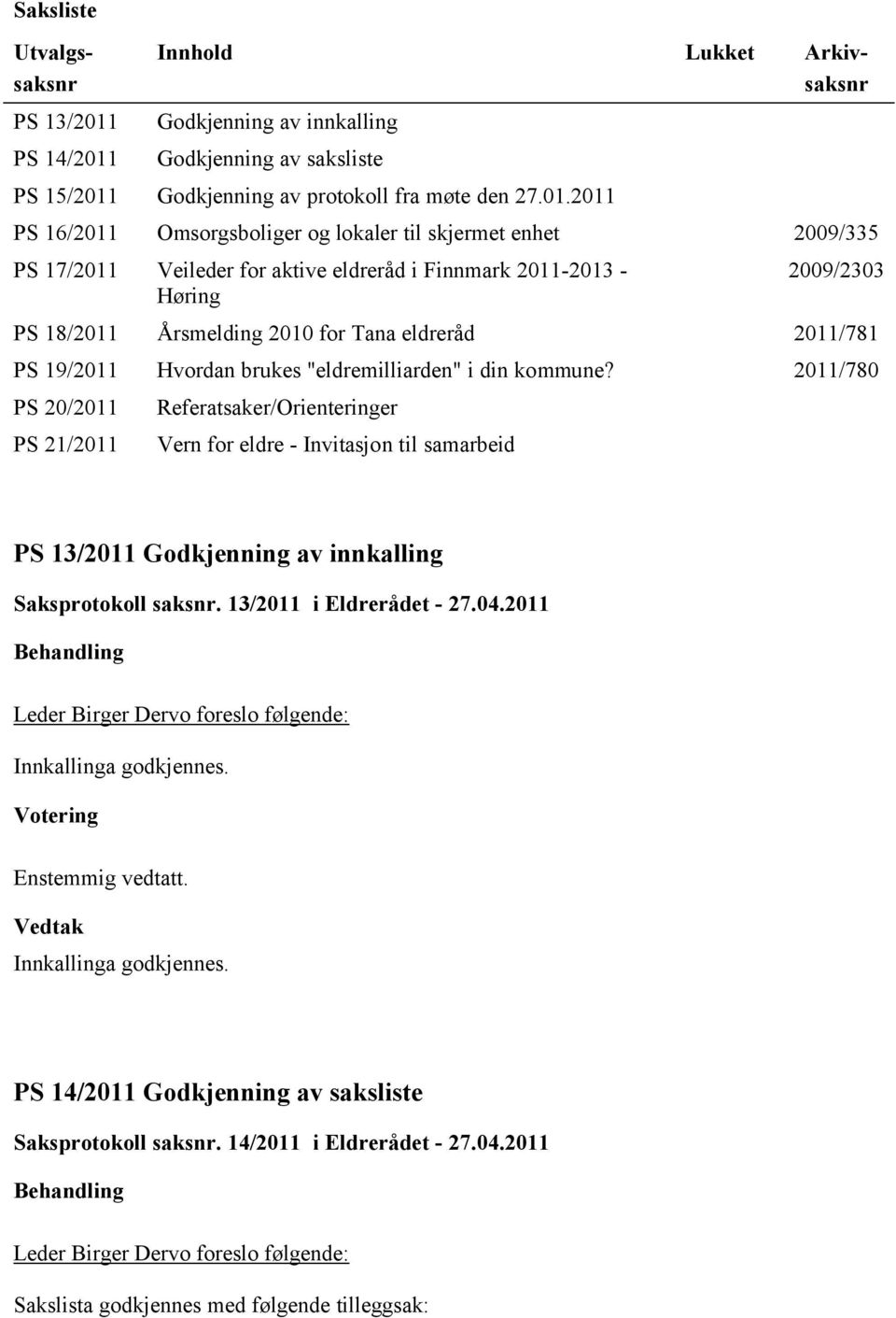 Innhold Lukket Arkivsaksnr Godkjenning av innkalling Godkjenning av saksliste PS 15/2011