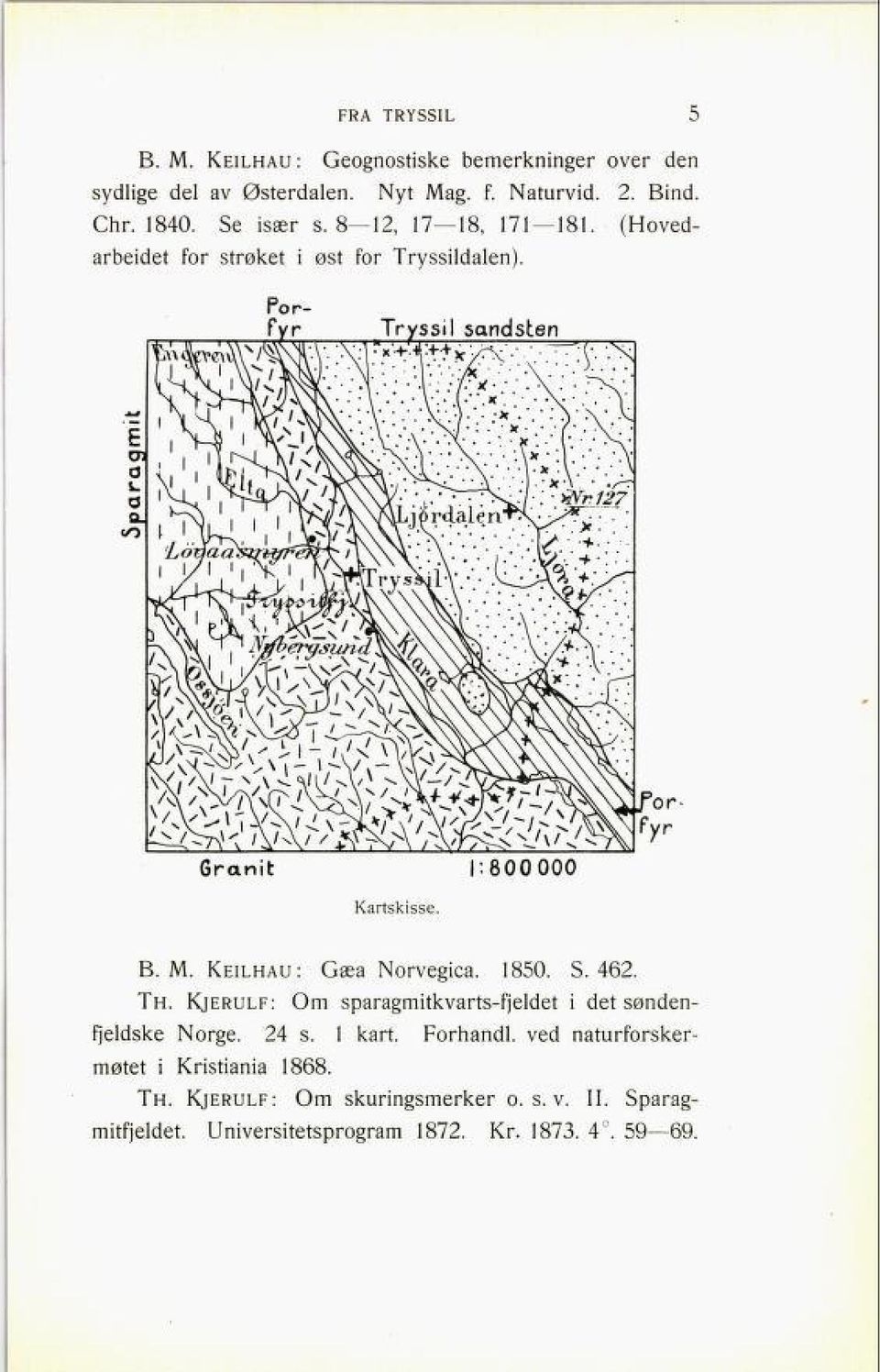 Keilhau: Gæa Norvegica. 1850. S. 462 Th. Kjerulf: Om sparagmitkvarts-fjeldet i det sønden fjeldske Norge. 24 s. 1 kart. Forhandl.