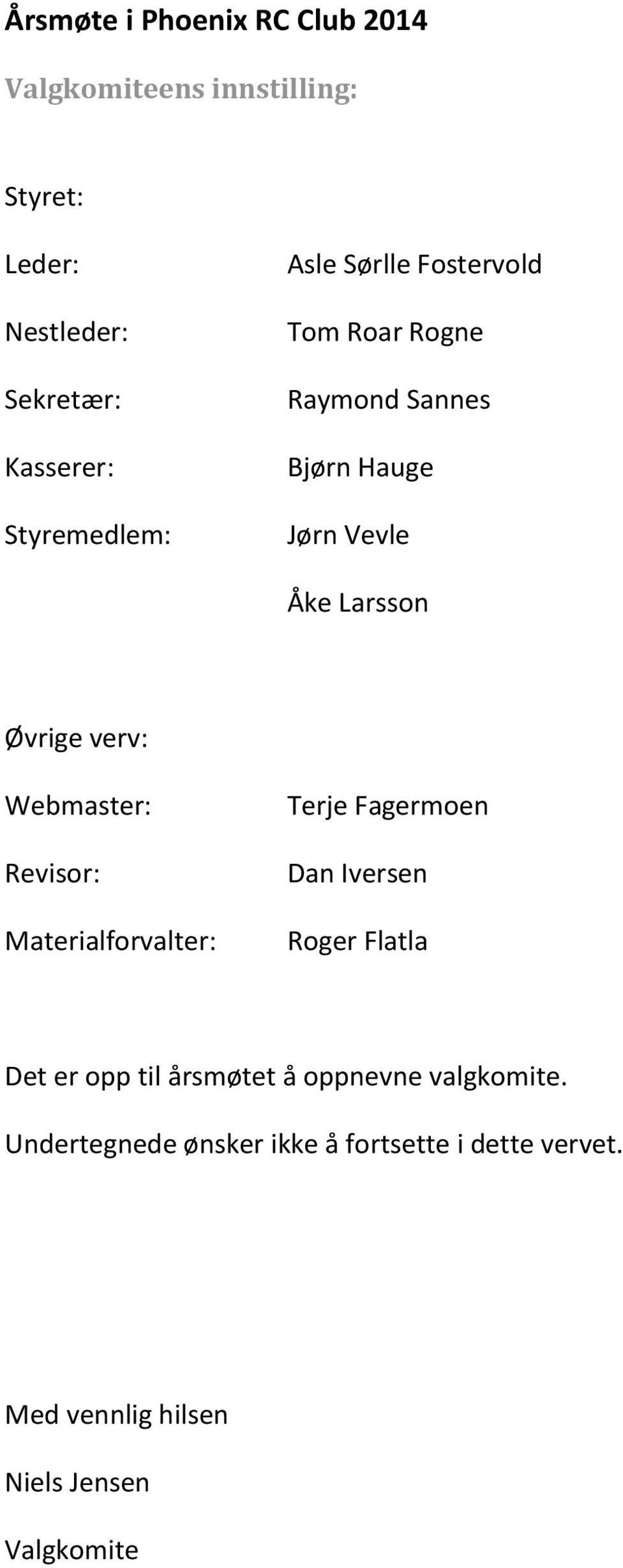 verv: Webmaster: Revisor: Materialforvalter: Terje Fagermoen Dan Iversen Roger Flatla Det er opp til årsmøtet