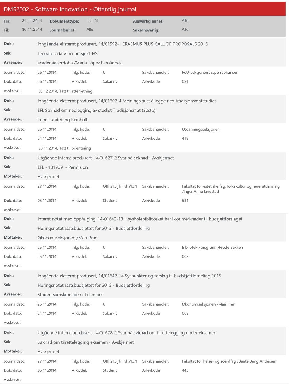 2014, Tatt til etterretning Inngående eksternt produsert, 14/01602-4 Meiningslaust å legge ned tradisjonsmatstudiet EFL Søknad om nedlegging av studiet Tradisjonsmat (30stp) Tone Lundeberg Reinholt