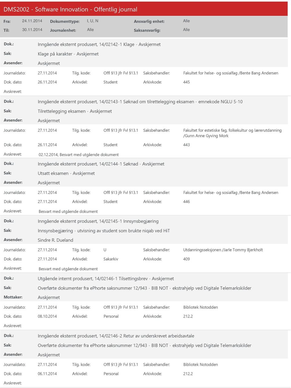 2014 Arkivdel: Student Arkivkode: 446 Besvart med utgående dokument Inngående eksternt produsert, 14/02145-1 Innsynsbegjæring Innsynsbegjæring - utvisning av student som brukte niqab ved HiT Sindre R.