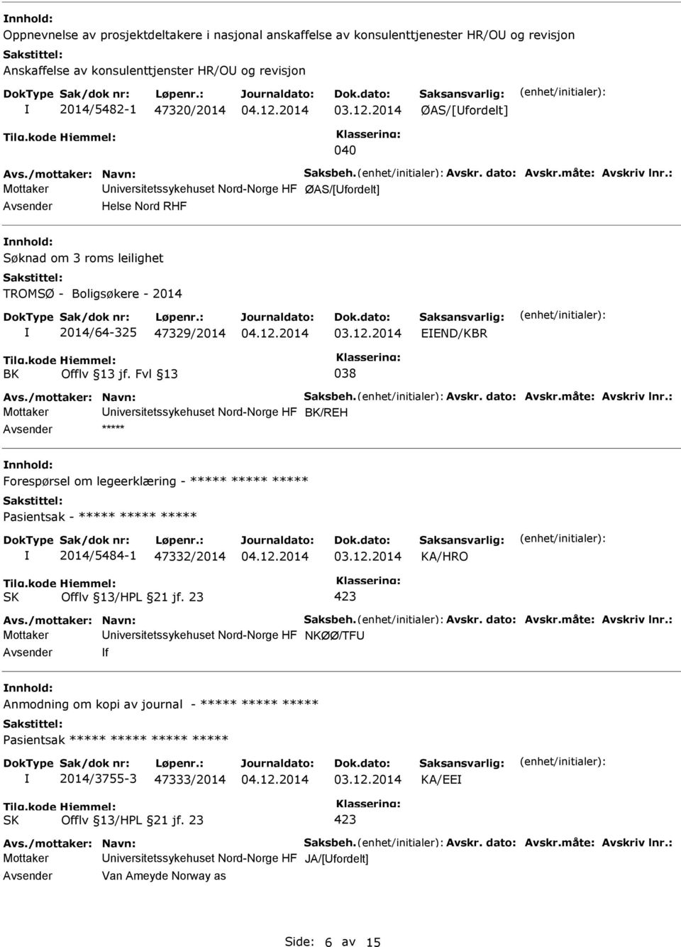 : Mottaker niversitetssykehuset Nord-Norge HF ØAS/[fordelt] Helse Nord RHF Søknad om 3 roms leilighet TROMSØ - Boligsøkere - 2014 2014/64-325 47329/2014 EEND/KBR BK Offlv 13 jf. Fvl 13 038 Avs.