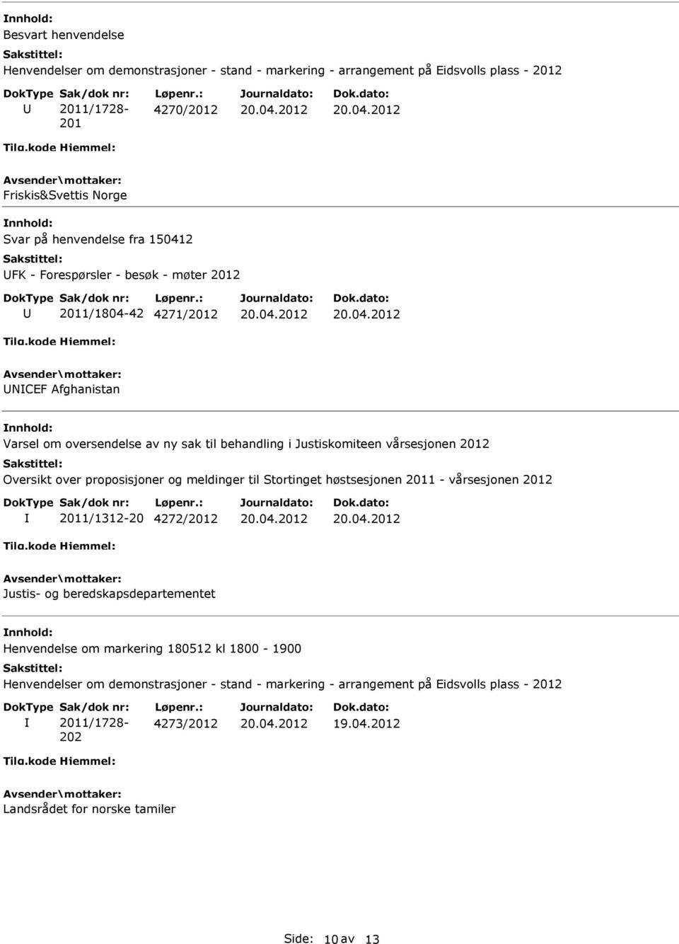 vårsesjonen 2012 Oversikt over proposisjoner og meldinger til Stortinget høstsesjonen 2011 - vårsesjonen 2012 2011/1312-20 4272/2012 Justis- og beredskapsdepartementet