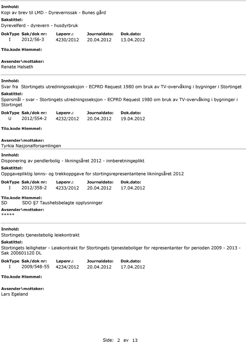 om bruk av TV-overvåking i bygninger i Stortinget 2012/554-2 4232/2012 Tyrkia Nasjonalforsamlingen Disponering av pendlerbolig - likningsåret 2012 - innberetningeplikt Oppgavepliktig lønns- og