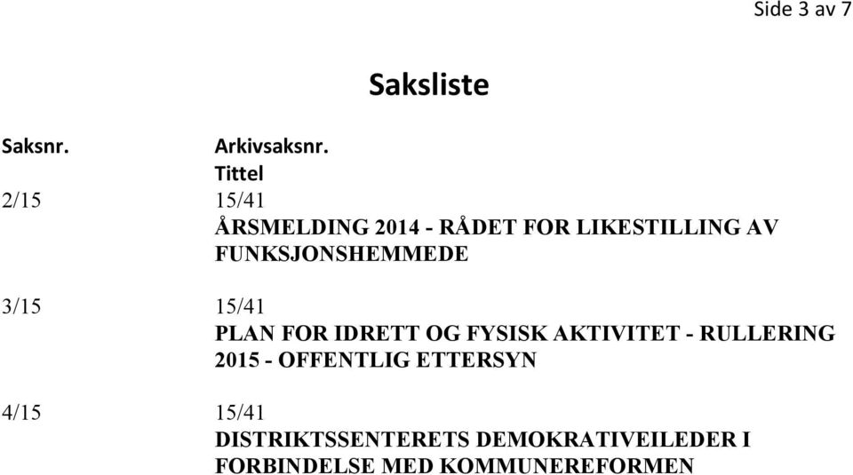 FUNKSJONSHEMMEDE 3/15 15/41 PLAN FOR IDRETT OG FYSISK AKTIVITET -