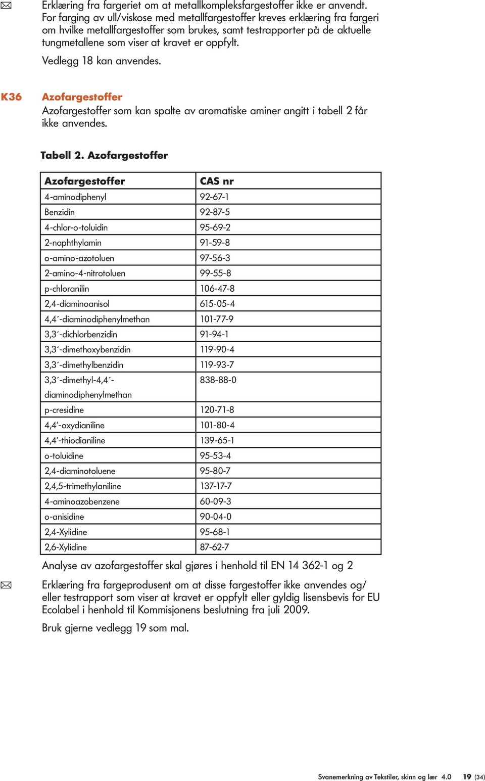 Vedlegg 18 kan anvendes. K36 Azofargestoffer Azofargestoffer som kan spalte av aromatiske aminer angitt i tabell 2 får ikke anvendes. Tabell 2.