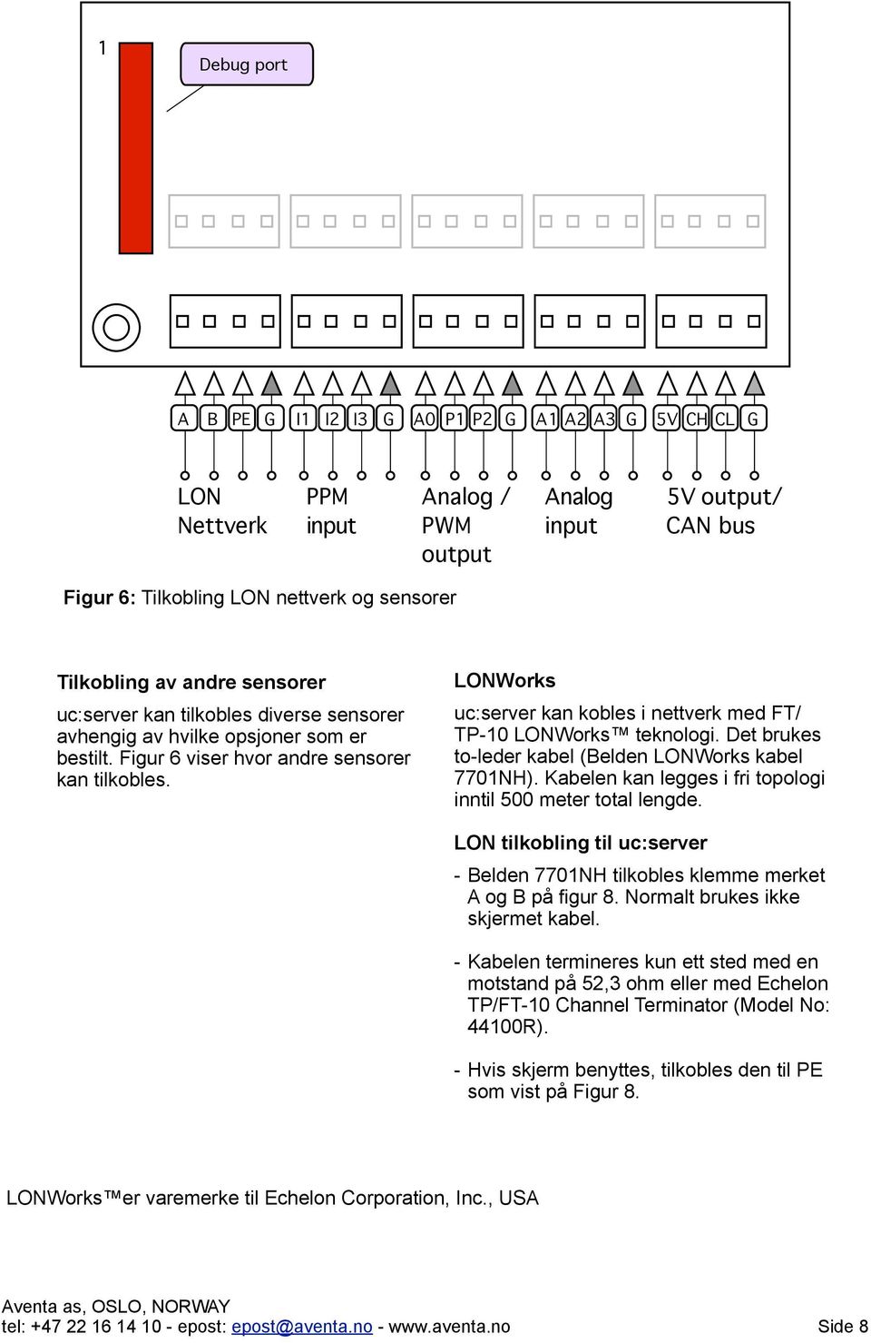 LONWorks uc:server kan kobles i nettverk med FT/ TP-10 LONWorks teknologi. Det brukes to-leder kabel (Belden LONWorks kabel 7701NH). Kabelen kan legges i fri topologi inntil 500 meter total lengde.