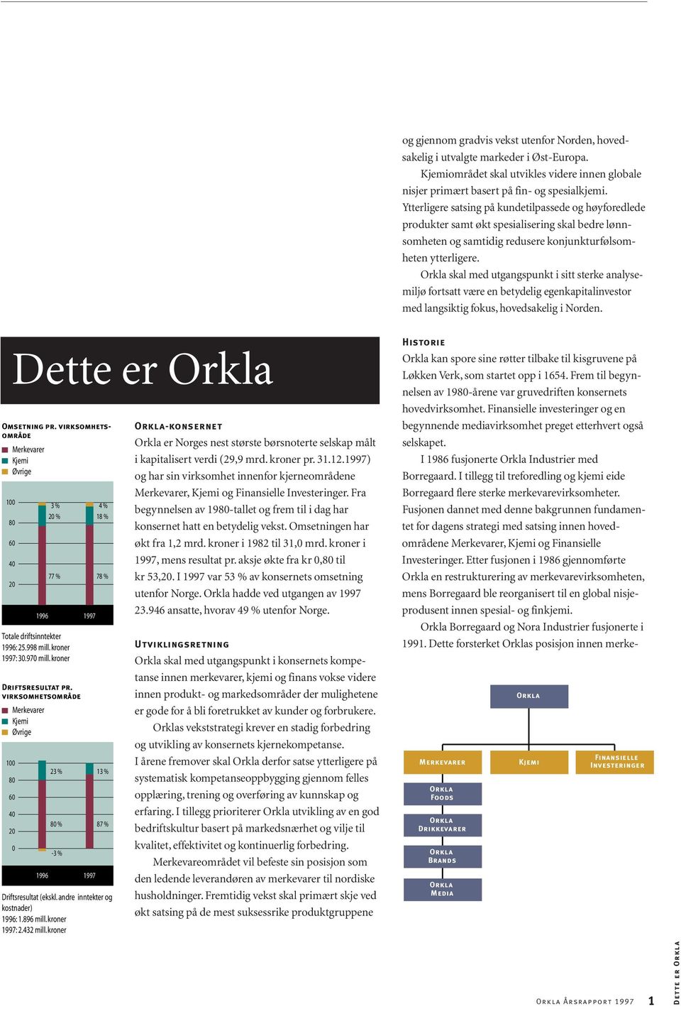 Orkla skal med utgangspunkt i sitt sterke analysemiljø fortsatt være en betydelig egenkapitalinvestor med langsiktig fokus, hovedsakelig i Norden. Dette er Orkla Omsetning pr.