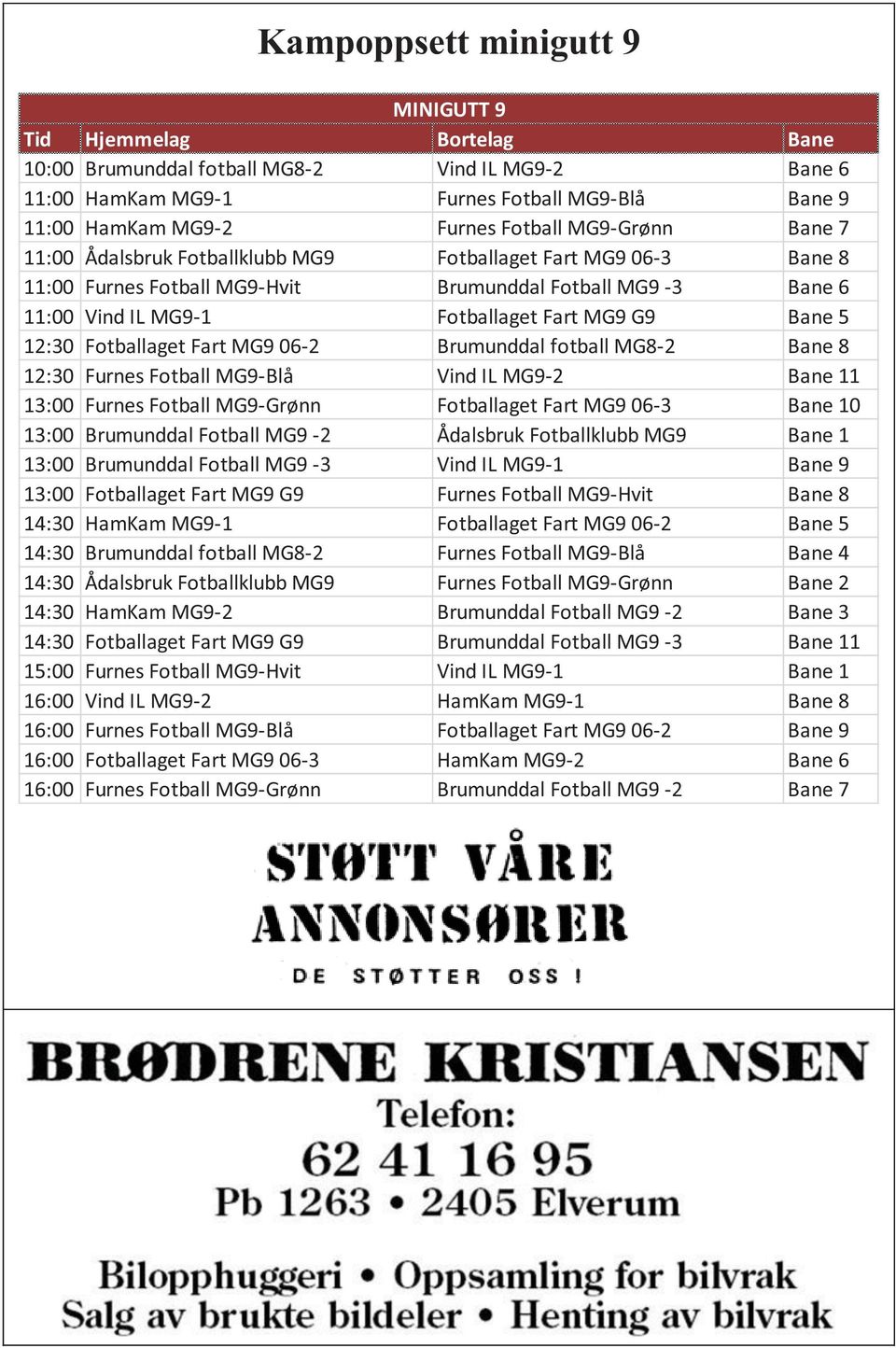 12:30 Fotballaget Fart MG9 06-2 Brumunddal fotball MG8-2 Bane 8 12:30 Furnes Fotball MG9-Blå Vind IL MG9-2 Bane 11 13:00 Furnes Fotball MG9-Grønn Fotballaget Fart MG9 06-3 Bane 10 13:00 Brumunddal