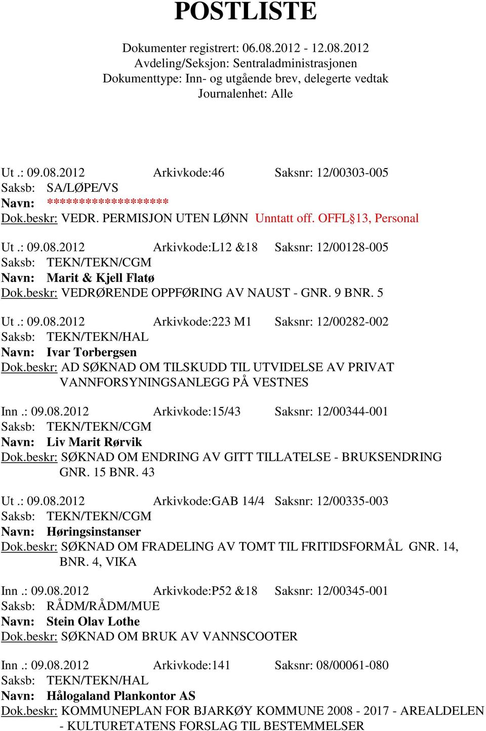 beskr: AD SØKNAD OM TILSKUDD TIL UTVIDELSE AV PRIVAT VANNFORSYNINGSANLEGG PÅ VESTNES Inn.: 09.08.2012 Arkivkode:15/43 Saksnr: 12/00344-001 Navn: Liv Marit Rørvik Dok.