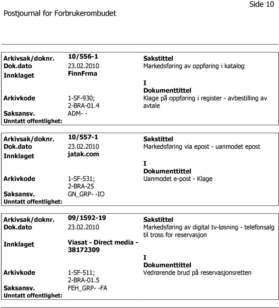 2010 Markedsføring via epost - uanmodet epost nnklaget jatak.com 1-SF-531; anmodet e-post - Klage GN_GRP- -O Arkivsak/doknr. 09/1592-19 Sakstittel Dok.