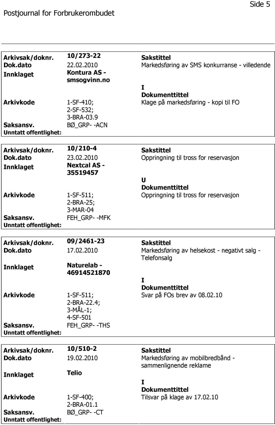 2010 Oppringning til tross for reservasjon nnklaget Nextcal AS - 35519457 1-SF-511; ; 3-MAR-04 Oppringning til tross for reservasjon FEH_GRP- -MFK Arkivsak/doknr. 09/2461-23 Sakstittel Dok.dato 17.02.