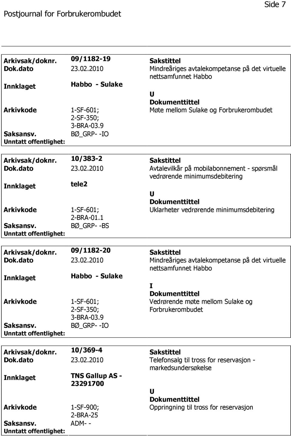 2010 Avtalevilkår på mobilabonnement - spørsmål vedrørende minimumsdebitering nnklaget tele2 1-SF-601; 2-BRA-01.1 klarheter vedrørende minimumsdebitering BØ_GRP- -BS Arkivsak/doknr.