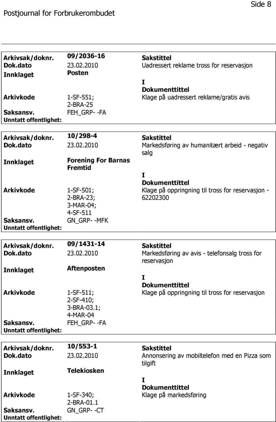 2010 Markedsføring av humanitært arbeid - negativ salg nnklaget Forening For Barnas Fremtid 1-SF-501; 2-BRA-23; 3-MAR-04; 4-SF-511 GN_GRP- -MFK Klage på oppringning til tross for reservasjon -