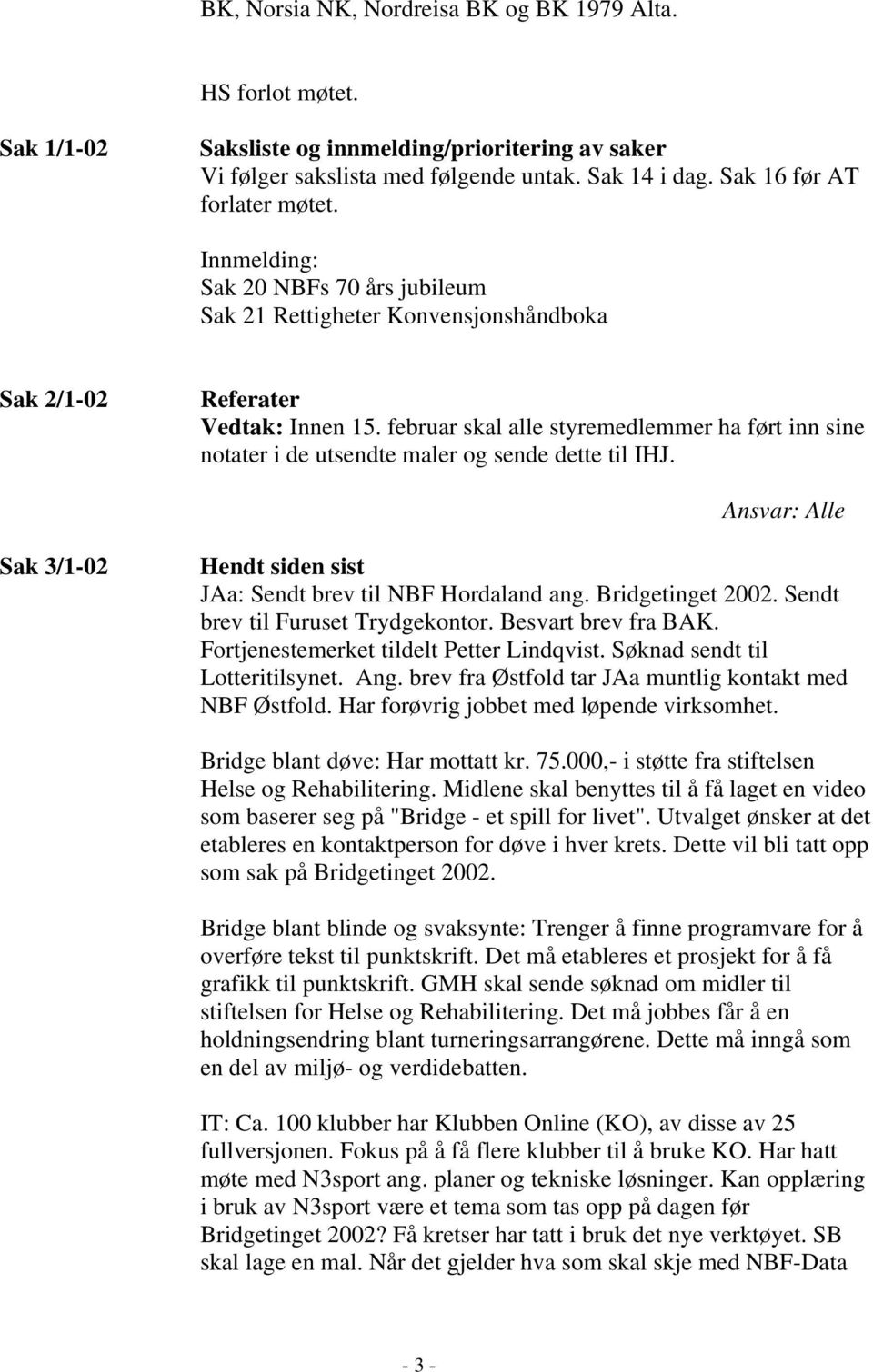 februar skal alle styremedlemmer ha ført inn sine notater i de utsendte maler og sende dette til IHJ. Ansvar: Alle Sak 3/1-02 Hendt siden sist JAa: Sendt brev til NBF Hordaland ang. Bridgetinget 2002.