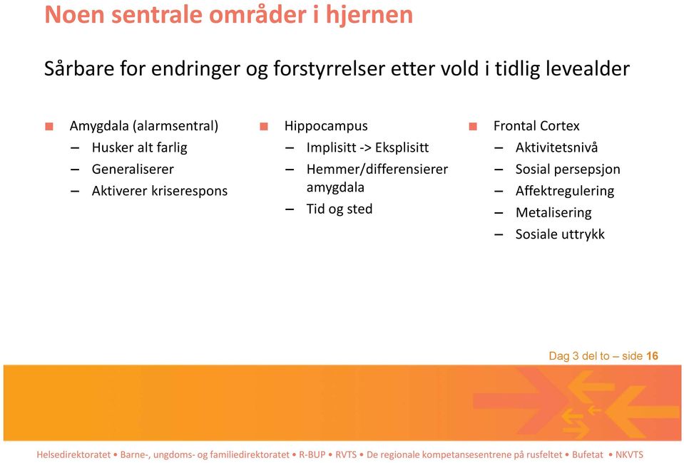 Eksplisitt Aktivitetsnivå Generaliserer Aktiverer kriserespons Hemmer/differensierer amygdala