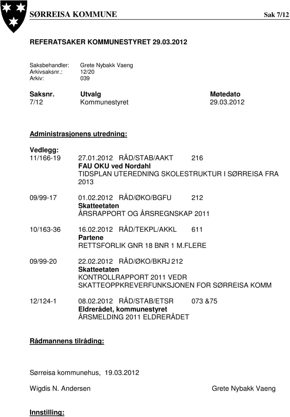 FLERE 09/99-20 22.02.2012 RÅD/ØKO/BKRJ 212 Skatteetaten KONTROLLRAPPORT 2011 VEDR SKATTEOPPKREVERFUNKSJONEN FOR SØRREISA KOMM 12/124-1 08.02.2012 RÅD/STAB/ETSR 073 &75 Eldrerådet, kommunestyret ÅRSMELDING 2011 ELDRERÅDET Rådmannens tilråding: Sørreisa kommunehus, 19.