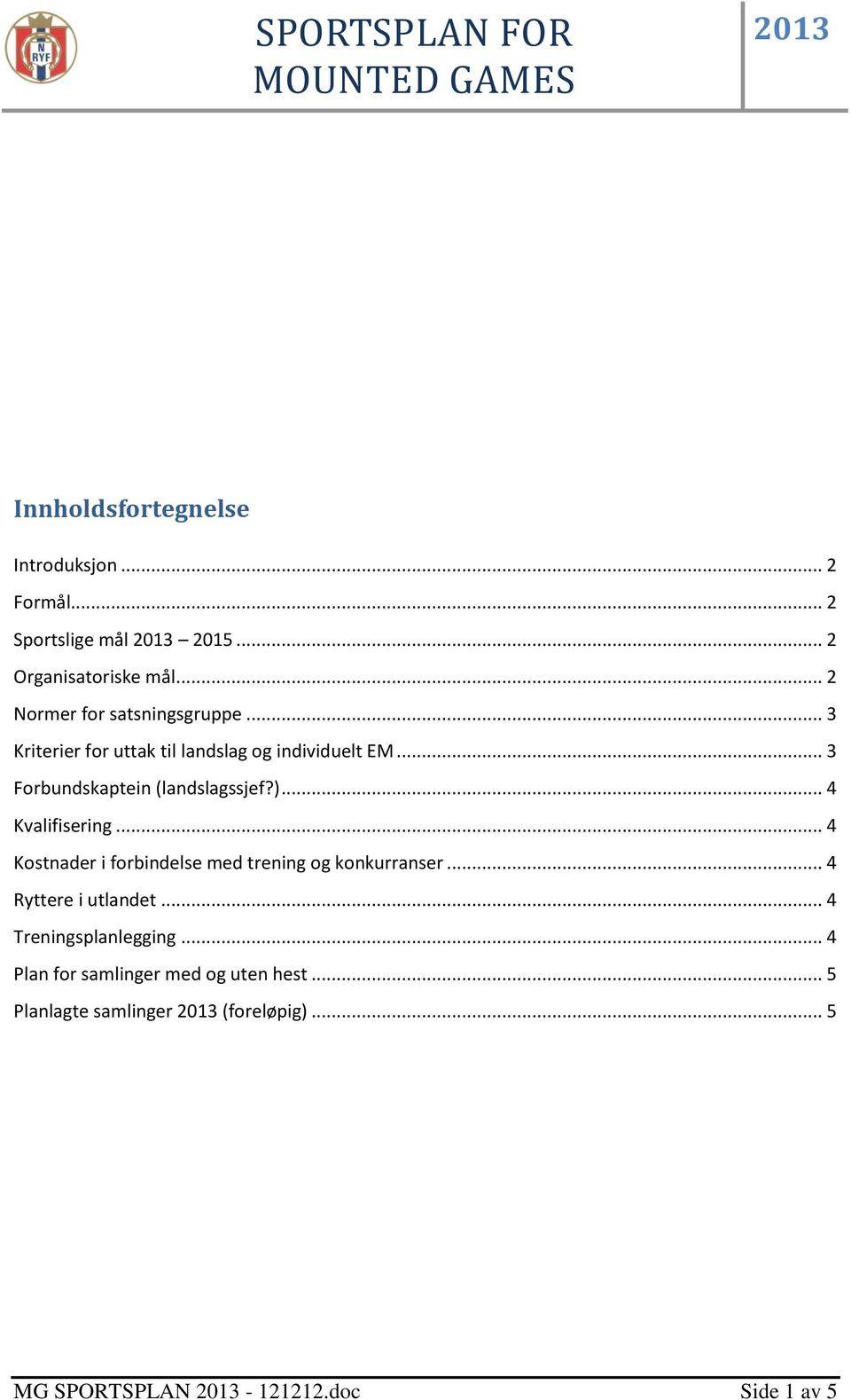 .. 3 Forbundskaptein (landslagssjef?)... 4 Kvalifisering... 4 Kostnader i forbindelse med trening og konkurranser.