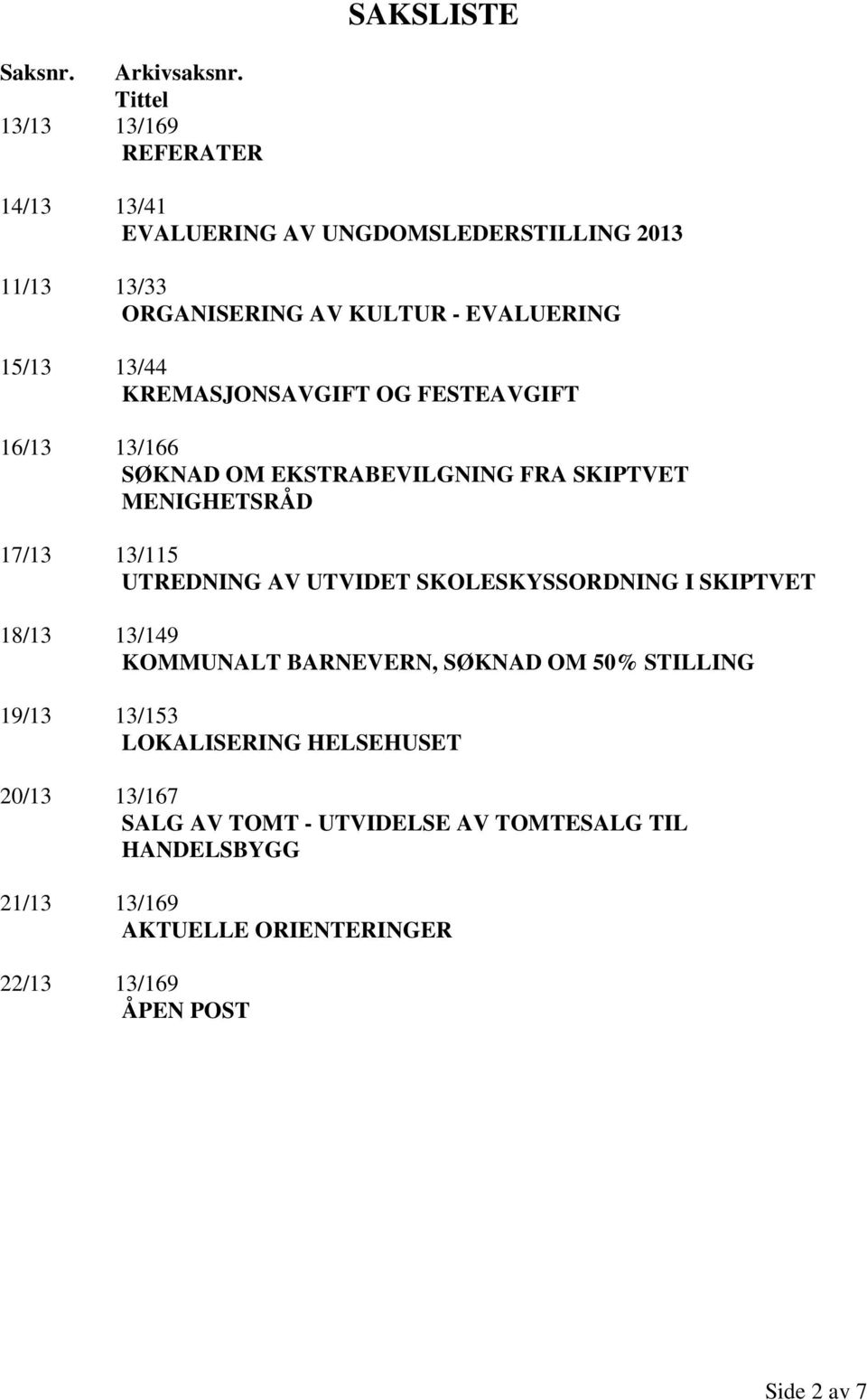 KREMASJONSAVGIFT OG FESTEAVGIFT 16/13 13/166 SØKNAD OM EKSTRABEVILGNING FRA SKIPTVET MENIGHETSRÅD 17/13 13/115 UTREDNING AV UTVIDET