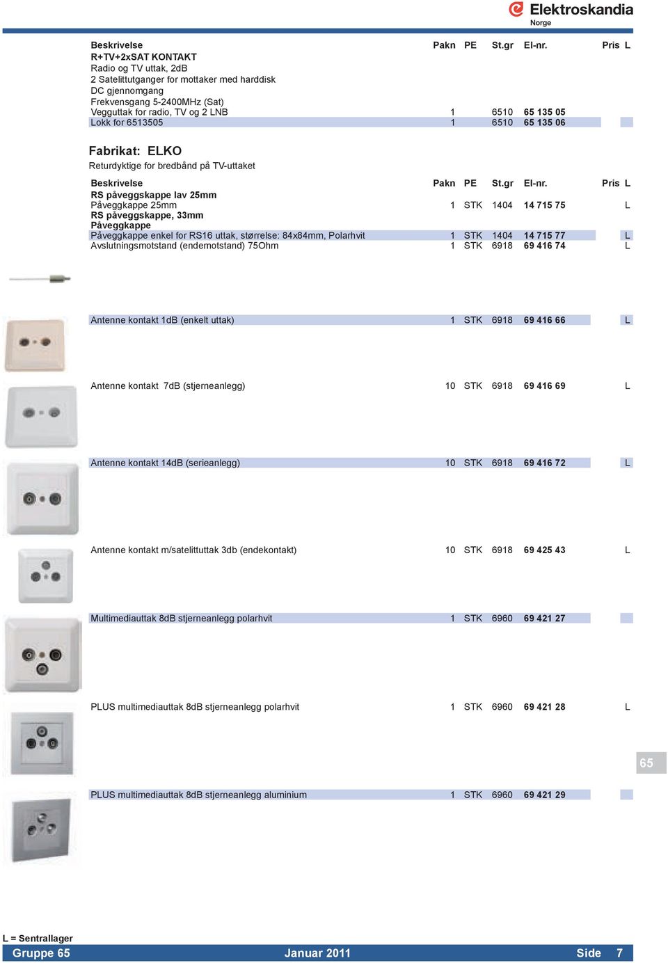 uttak, størrelse: 84x84mm, Polarhvit 1 STK 1404 14 715 77 L Avslutningsmotstand (endemotstand) 75Ohm 1 STK 6918 69 416 74 L Antenne kontakt 1dB (enkelt uttak) 1 STK 6918 69 416 66 L Antenne kontakt