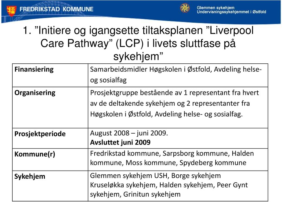 Østfold, Avdeling helse og sosialfag. Prosjektperiode August 2008 juni 2009.