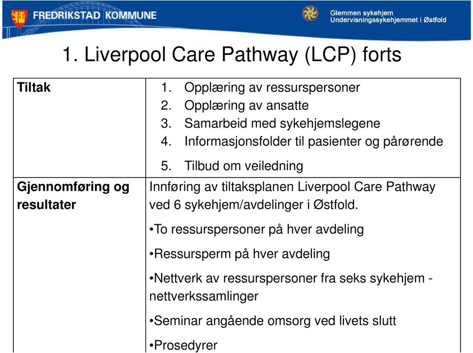 Tilbud om veiledning Innføring av tiltaksplanen Liverpool Care Pathway ved 6 sykehjem/avdelinger i Østfold.