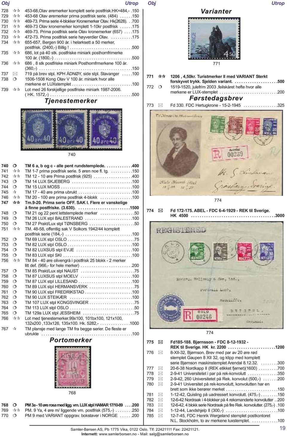 ..........175 734 655-657, Bergen 900 år. i helarksett a 50 merker, postfrisk. (2400,-) Billig!.............................500 735 686, lot på 40 stk. postfriske miniark posthornfrimerke 100 år.