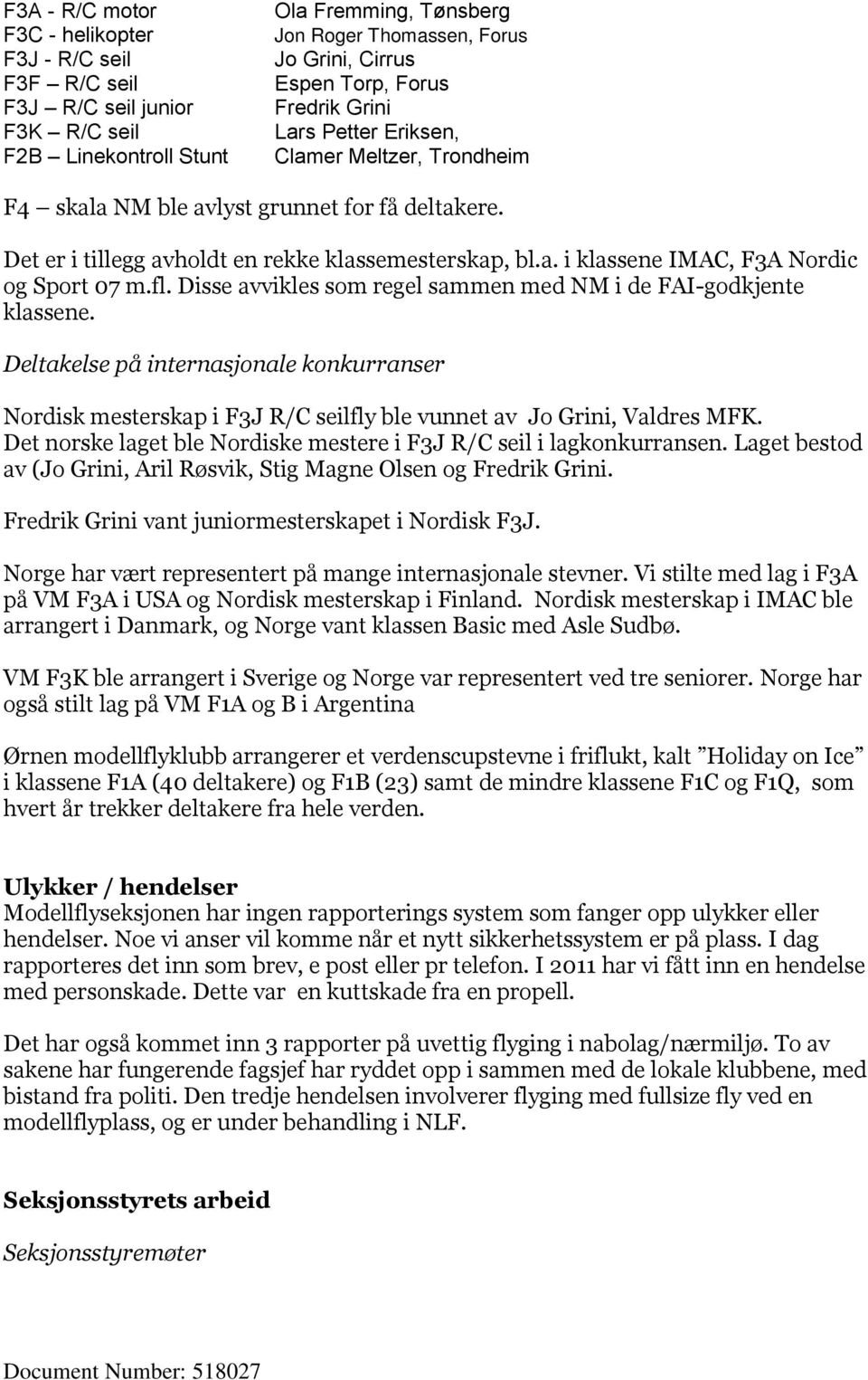 fl. Disse avvikles som regel sammen med NM i de FAI-godkjente klassene. Deltakelse på internasjonale konkurranser Nordisk mesterskap i F3J R/C seilfly ble vunnet av Jo Grini, Valdres MFK.