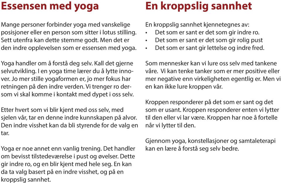 Jo mer stille yogaformen er, jo mer fokus har retningen på den indre verden. Vi trenger ro dersom vi skal komme i kontakt med dypet i oss selv.