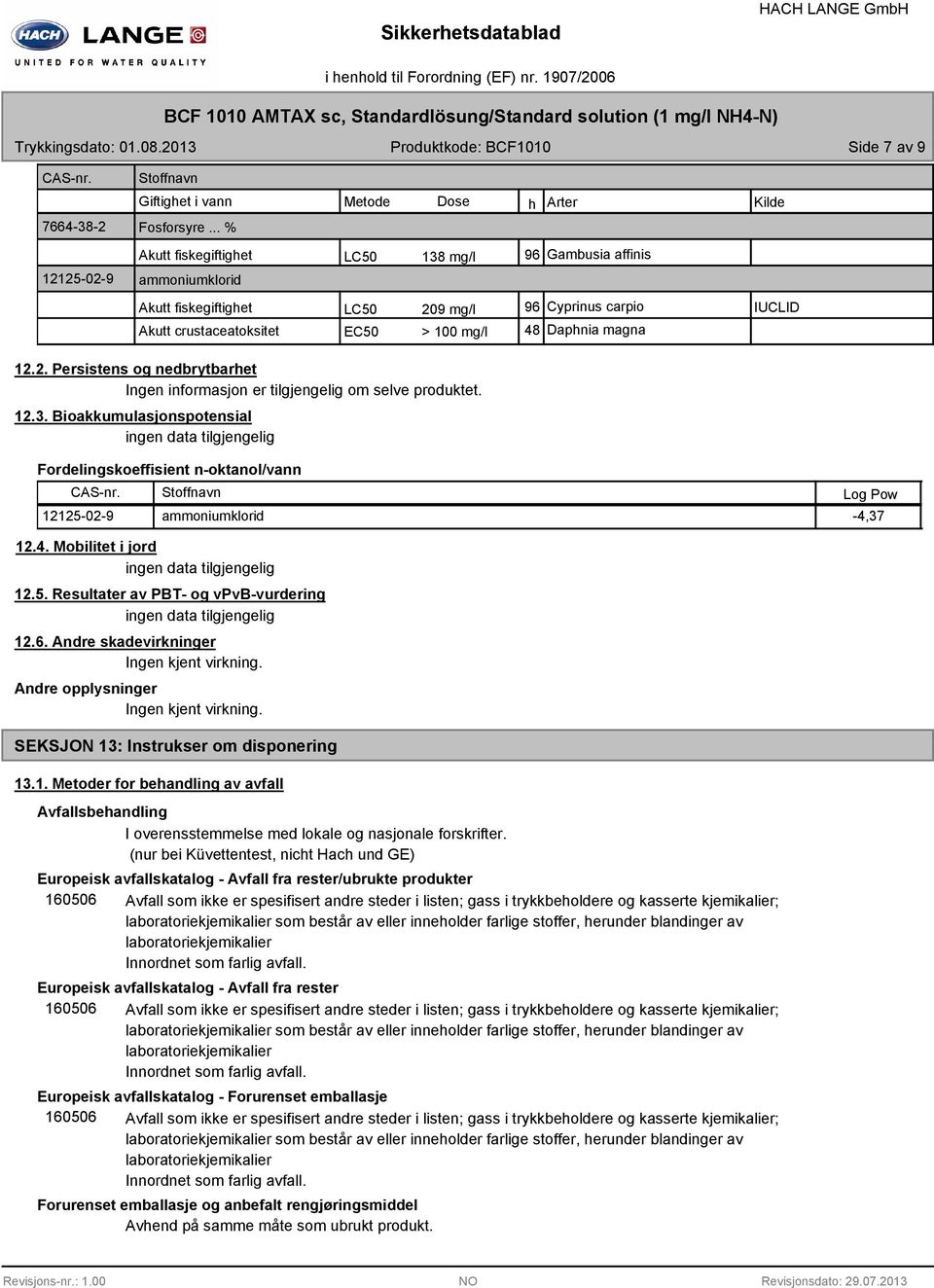 12.3. Bioakkumulasjonspotensial Fordelingskoeffisient n-oktanol/vann 12125-02-9 ammoniumklorid -4,37 12.4. Mobilitet i jord 12.5. Resultater av PBT- og vpvb-vurdering 12.6.