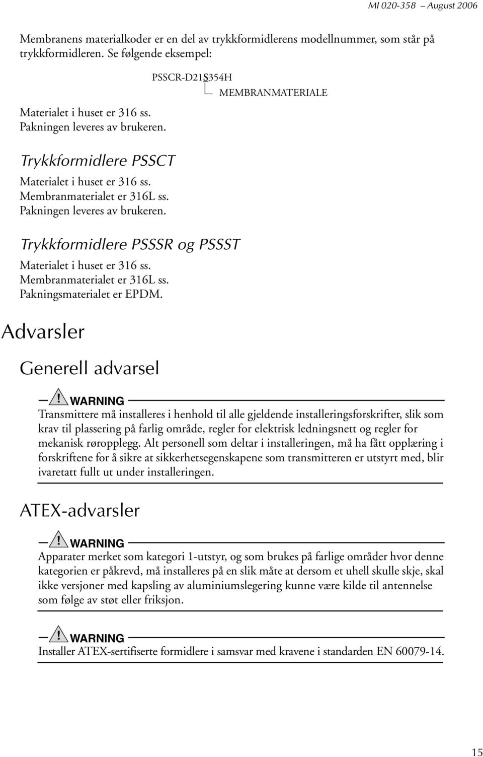 Membranmaterialet er 316L ss. Pakningsmaterialet er EPDM.