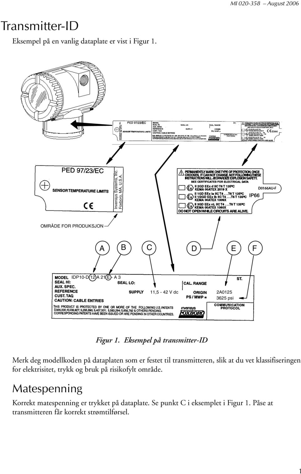 Eksempel på transmitter-id Merk deg modellkoden på dataplaten som er festet til transmitteren, slik at du vet klassifiseringen for