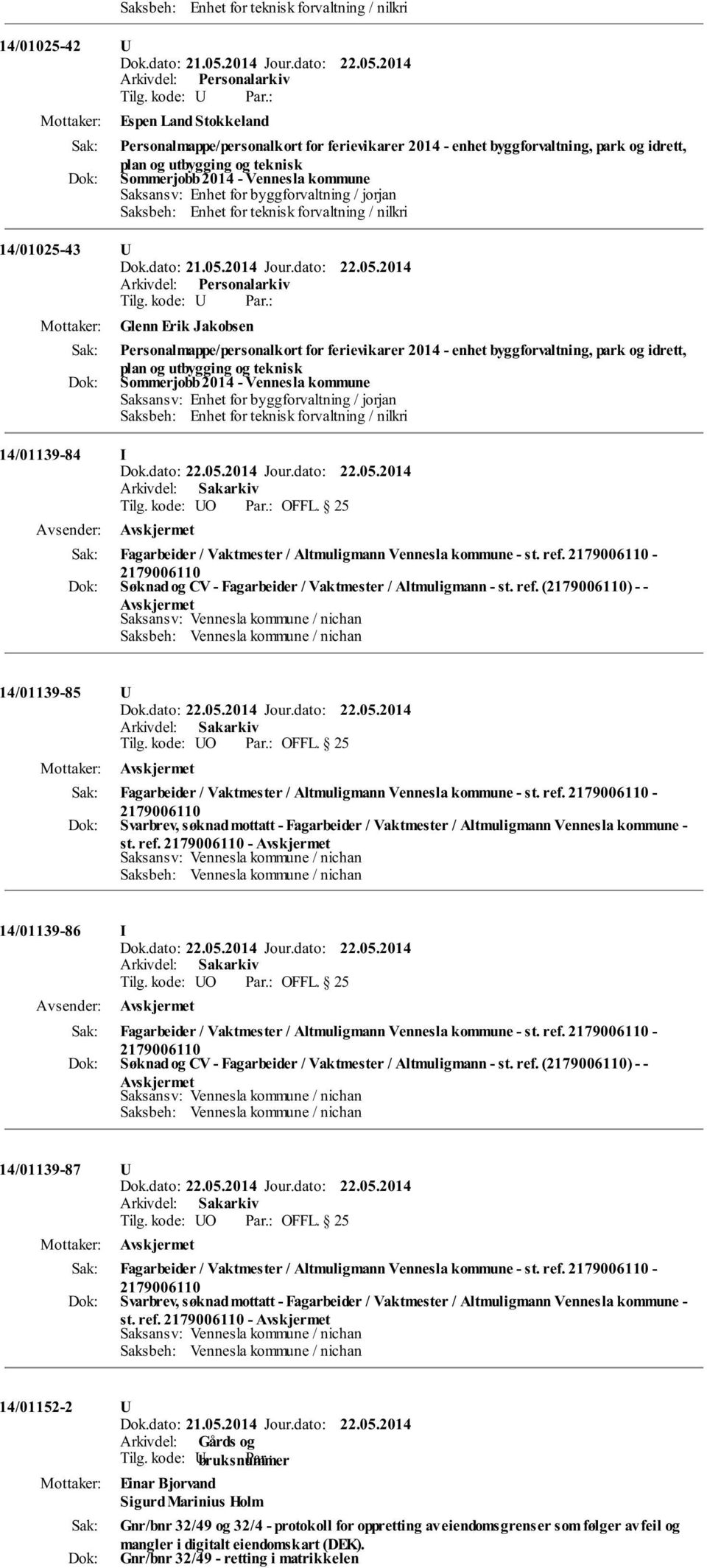 for ferievikarer 2014 - enhet byggforvaltning, park og idrett, plan og utbygging og teknisk Sommerjobb 2014 - Vennesla kommune Saksansv: Enhet for byggforvaltning / jorjan Saksbeh: Enhet for teknisk