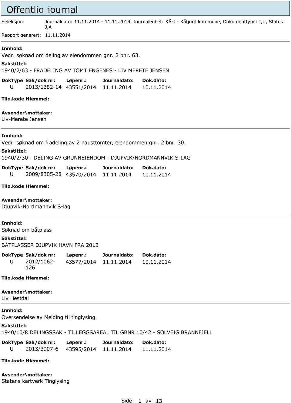 1940/2/30 - DELNG AV GRNNEENDOM - DJPVK/NORDMANNVK S-LAG 2009/8305-28 43570/2014 Djupvik-Nordmannvik S-lag Søknad om båtplass BÅTPLASSER DJPVK HAVN FRA 2012 Sak/dok nr: